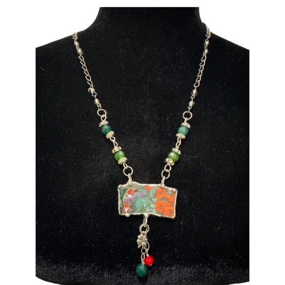 Lena Liu Hummingbird Broken China Pendant Silver-Blend Metalwork Quartz Necklace - Picture 4 of 10